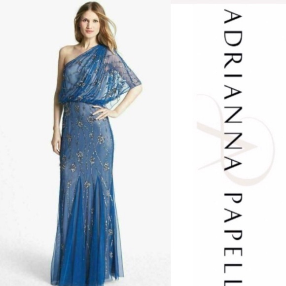 Adrianna Papell beaded one shoulder drape long gown - Picture 2 of 6